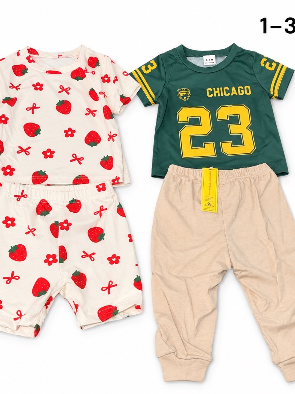 SHEIN Kids 2-Pack Green & Beige Sports Top with Cream Strawberry Print Set
